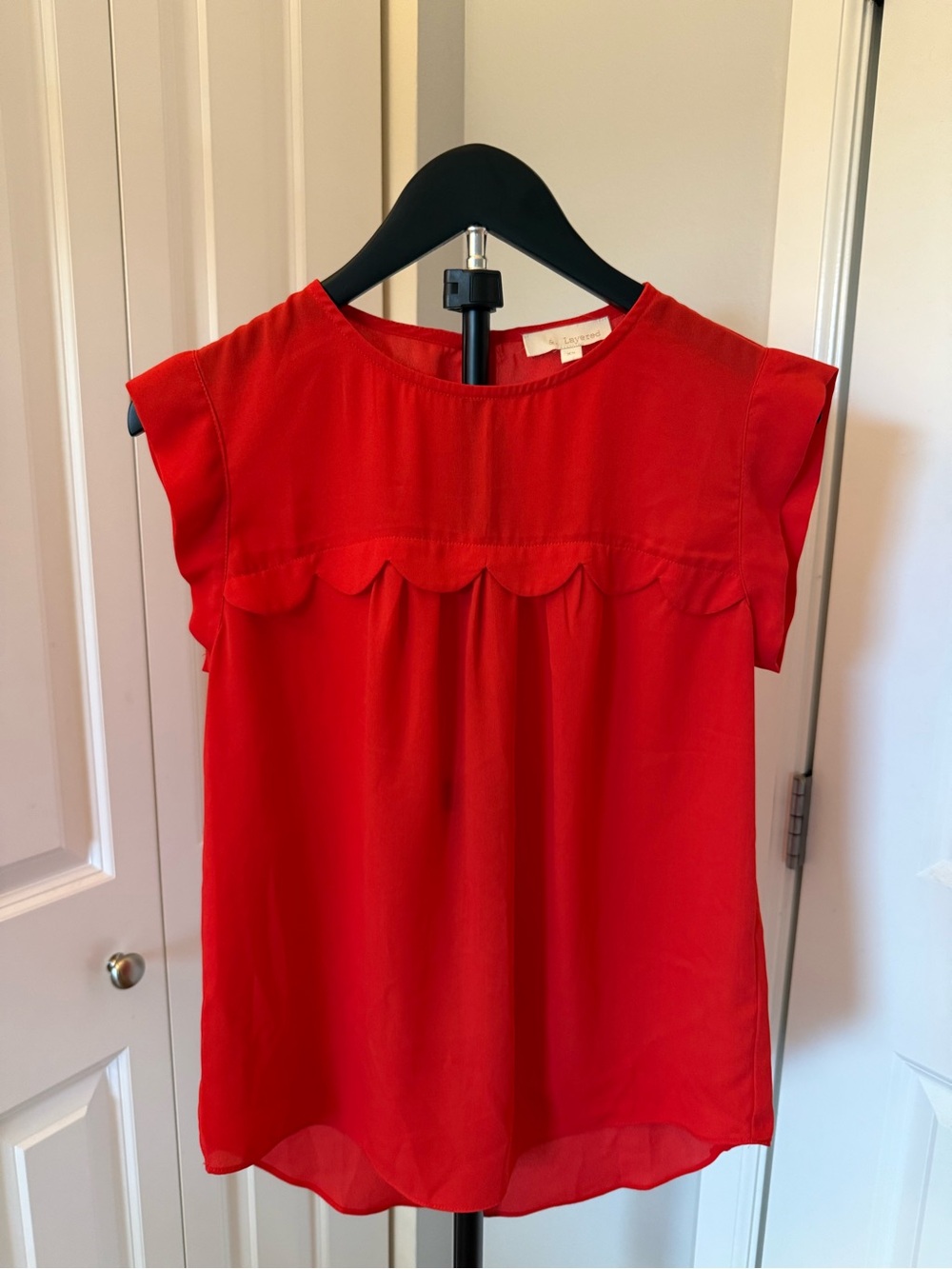 &. Layered Red Scallop Yoke Cap-Sleeve Blouse